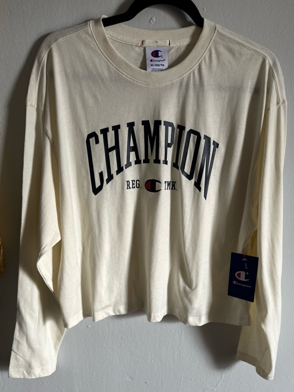 Champion Cream Long Sleeve Tee with Navy & Red Logo